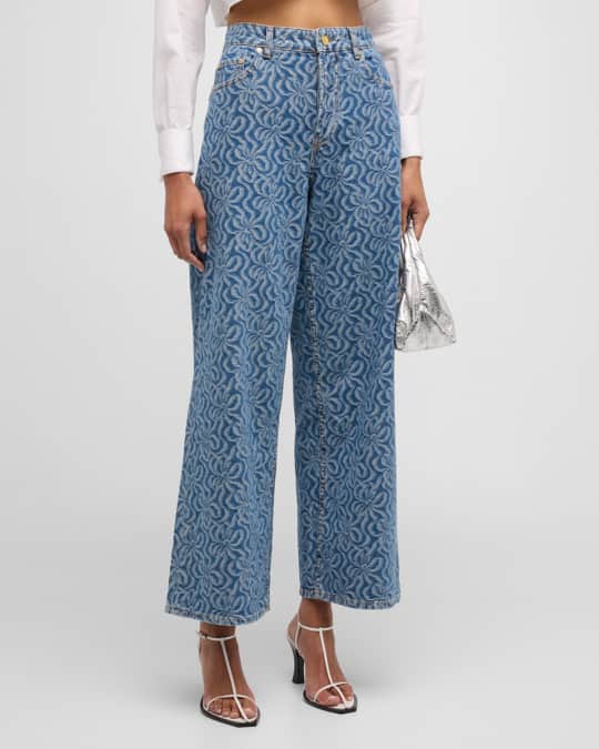 GANNI　Jacquard Denim Wide Pants Ganni Wide-Leg Jacquard Denim Pants | Neiman Marcus