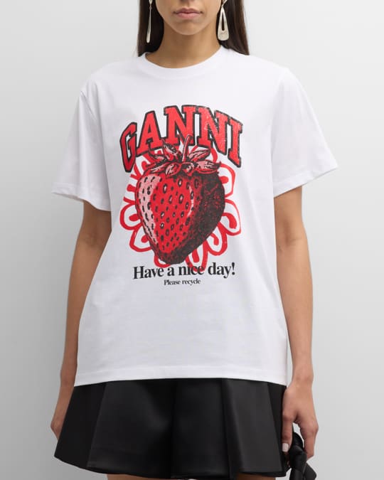 【GANNI】STRAWBERRY PRINT T-SHIRT Ganni Crewneck Jersey Strawberry T-Shirt | Neiman Marcus