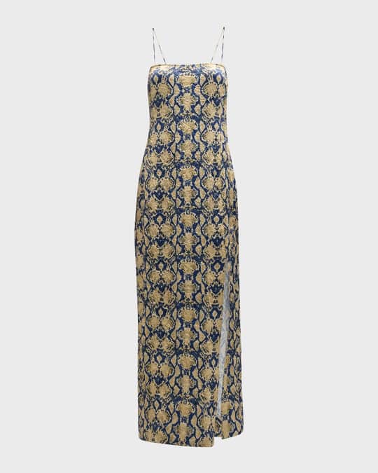 chinese dress ladies GANNI-Printed Stretch Satin Slit Long Dress-W0375 065 – Dope