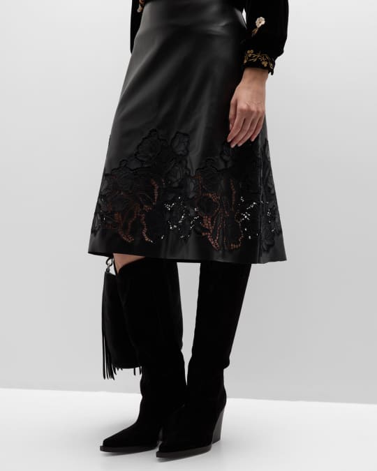 Johnny Was Enid Cutwork Lace Vegan Leather Midi Skirt Neiman Marcus