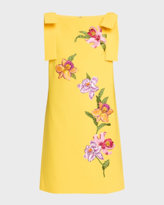 Floral Embroidered Shift Dress with Bows