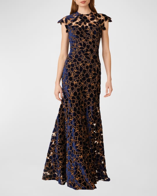 Velvet Floral Lace Cap Sleeve Gown