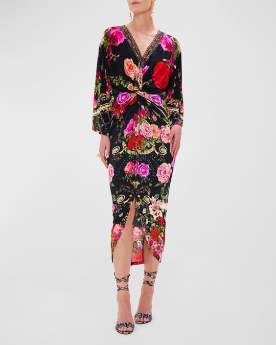 Camilla Long Floral Silk Split-Front Twist Dress | Neiman Marcus