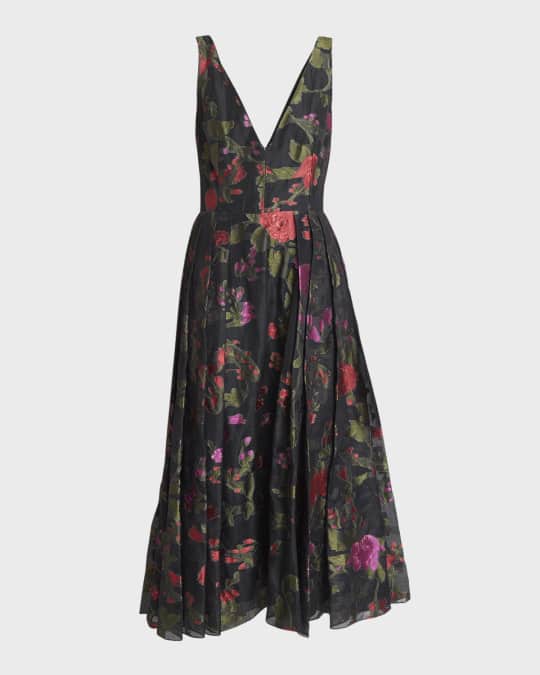 Plunging Pleated Floral Jacquard Sleeveless Tea Length Dress
