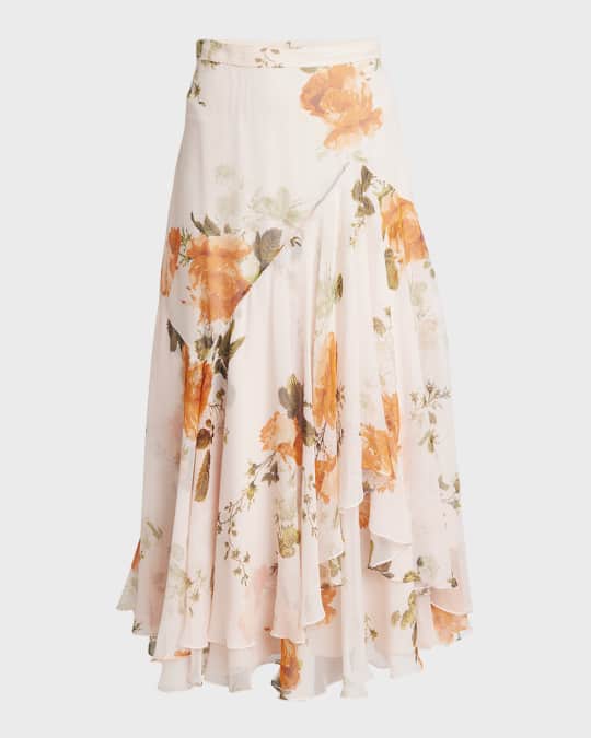 Floral-Print Asymmetric Tiered Silk Midi Skirt