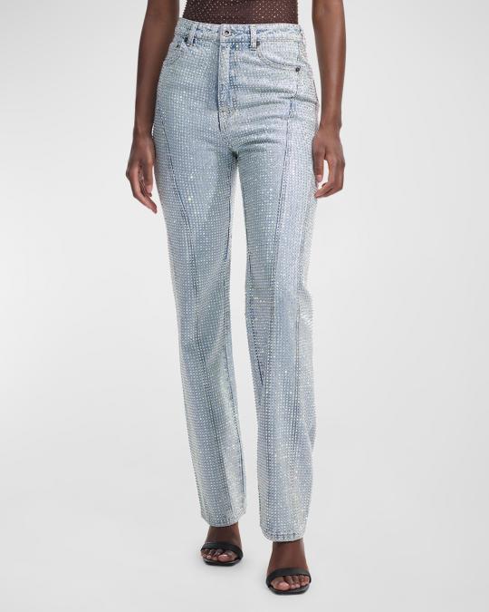 Self-Portrait Rhinestone-Embellished Straight-Leg Denim Jeans | Neiman ...