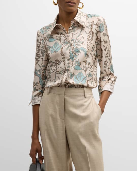 Botanical Print Button Down Silk Blouse