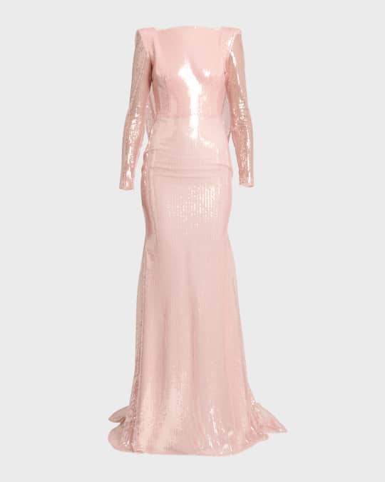 Alex Perry Sequin Long-Sleeve Strong-Shoulder Drape Trumpet Gown | Neiman  Marcus