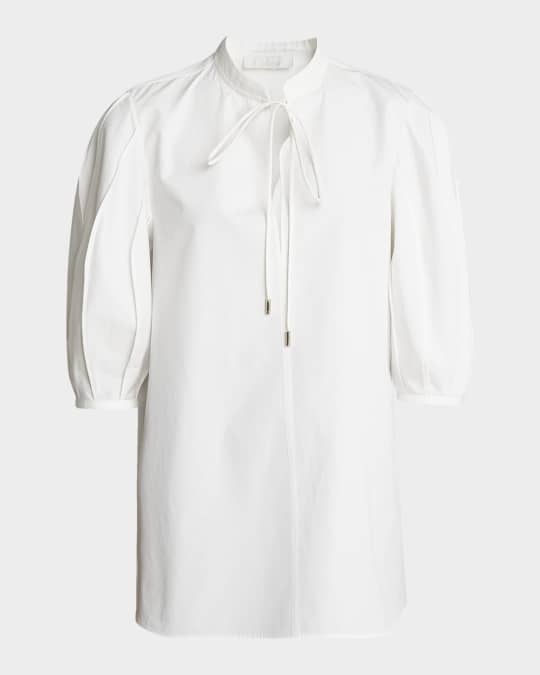 Organic Cotton Poplin Top with Tie Neckline