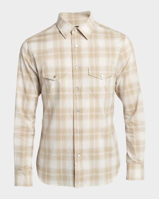 トムフォード チェックウエスタンシャツ TOM FORD Men's Degrade Check Western Button-Down Shirt | Neiman Marcus