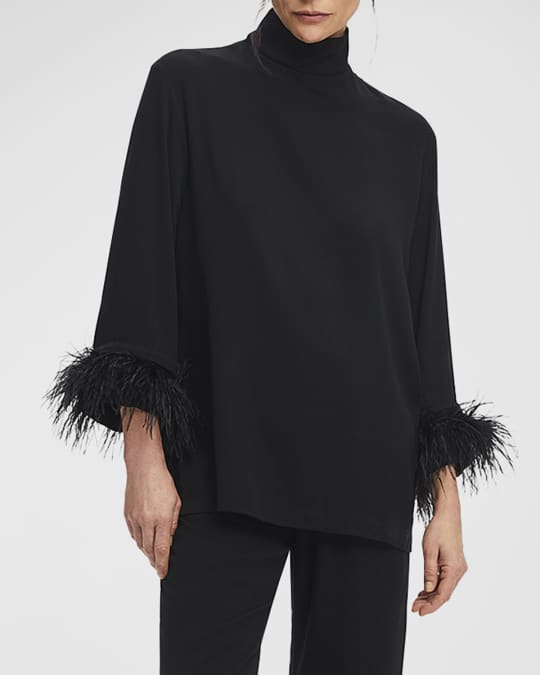 Black Tie Cropped Feather-Trim Pajama Set