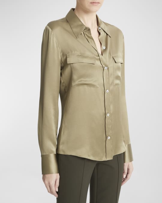 Silk Chest Pocket Long-Sleeve Blouse