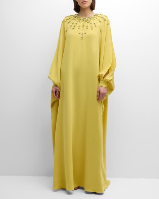 Crystal Embellished Slit Long-Sleeve Soft Cady Kaftan Gown