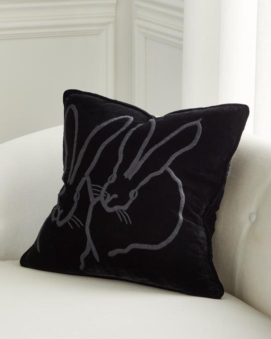 Hunt Slonem Hand-Embroidered Velvet Bunny Pillow, Black | Neiman Marcus