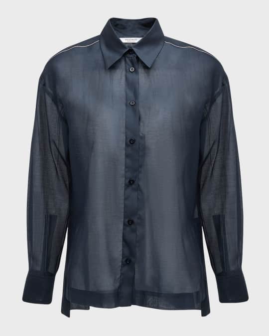 Sheer Bead-Trim Button-Down Shirt