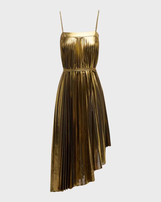 Irene Pleated Metallic High Low Midi Dress