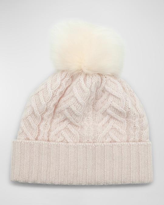 Portolano Cashmere Cable-Knit Beanie with Faux Fur Pom  display picture 1