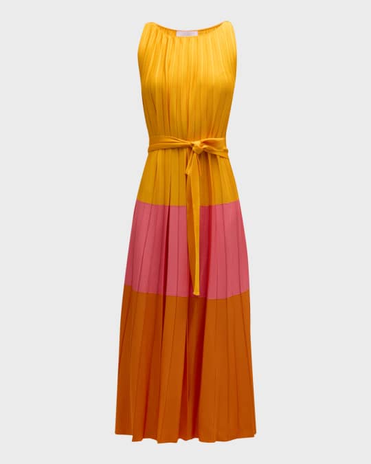 Colorblock Pleated Knit Maxi Dress with Tie Belt