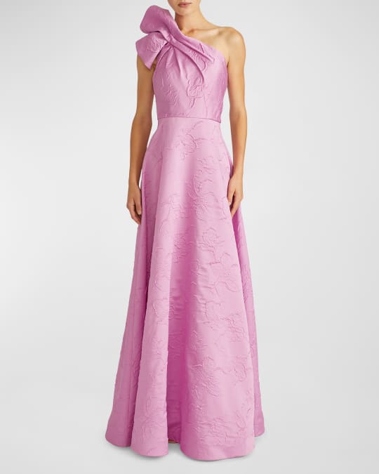 Amira One Shoulder Floral Jacquard Ruffle Gown