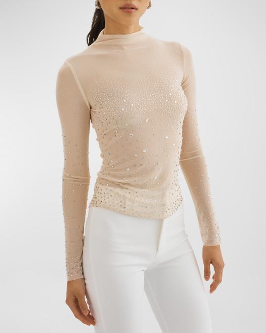 LaMarque Nellis Rhinestone-Embellished Long-Sleeve Mesh Top | Neiman Marcus