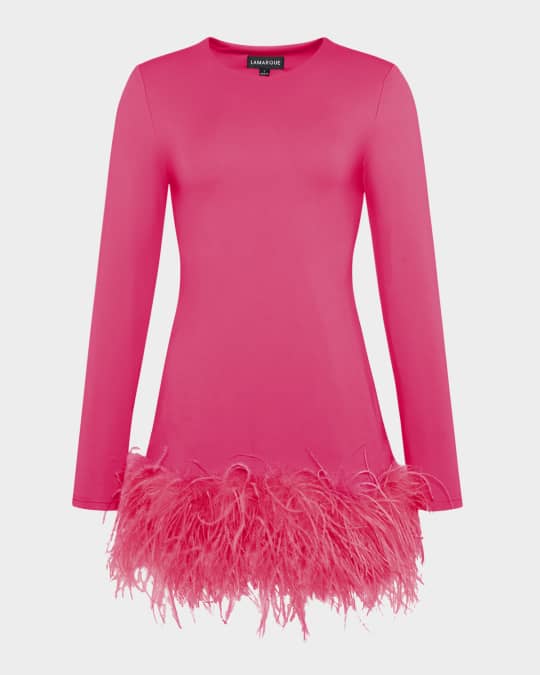 LaMarque Bahira Ostrich-Feather Hem Mini Dress | Neiman Marcus