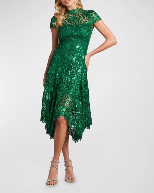 Tadashi Shoji Mock-Neck Embroidered Sequin Midi Dress | Neiman Marcus