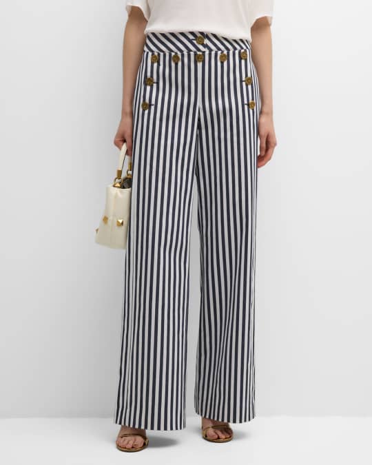 Mid Rise Striped Wide Leg Cotton Canvas Sailor Pants