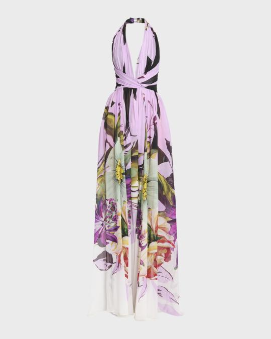 Elie Saab Floral-Print Plunging Halter Silk Gown