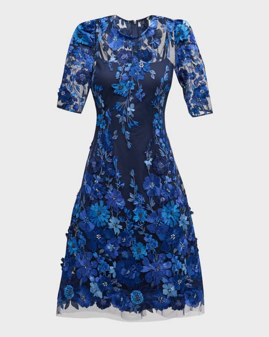 Beaded Floral-Embroidered A-Line Midi Dress