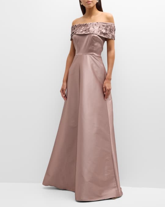Rickie Freeman for Teri Jon Off Shoulder Floral Applique A Line Gown Neiman Marcus