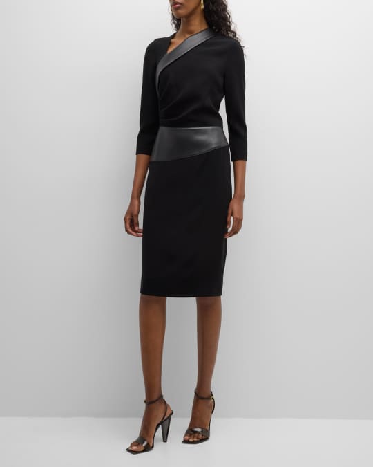 Rickie Freeman for Teri Jon Pleated Faux Leather-Trim Crepe Midi Dress |  Neiman Marcus