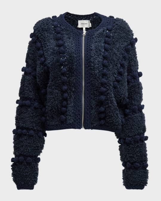 FRAME Zip-Front Pom Pom Cardigan | Neiman Marcus