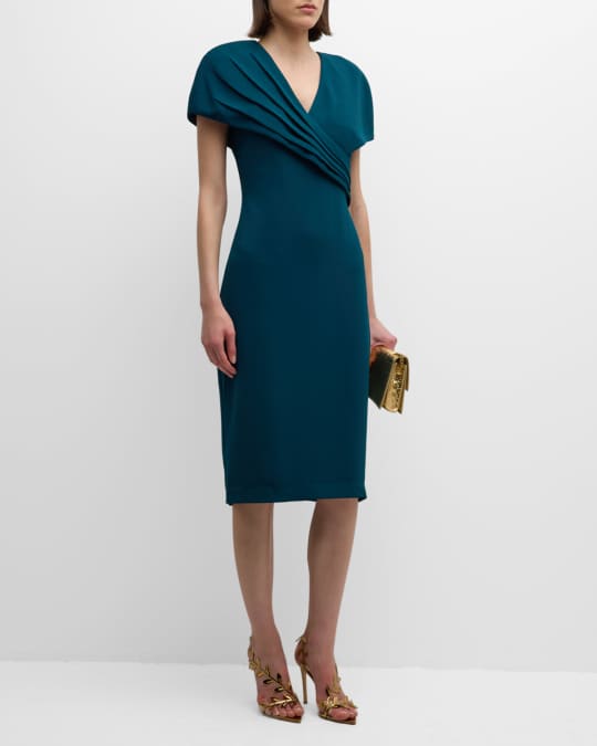 Badgley Mischka Collection Pleated Cape Sleeve Bodycon Midi Dress Neiman Marcus