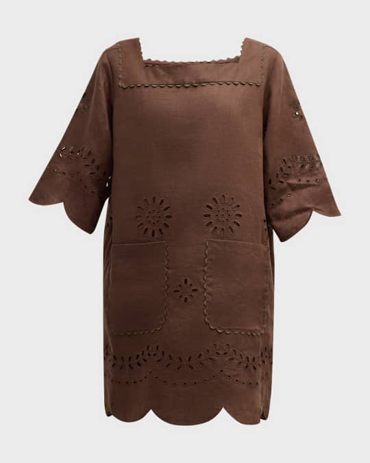 Oroton Scalloped Eyelet-Embroidered Shift Mini Dress | Neiman Marcus