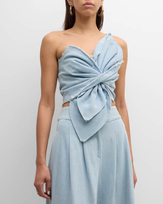 美品BOW.A JACQUARD PEONY TOPS ボウエー JBQ Orchid Bow Denim Crop Top | Neiman Marcus