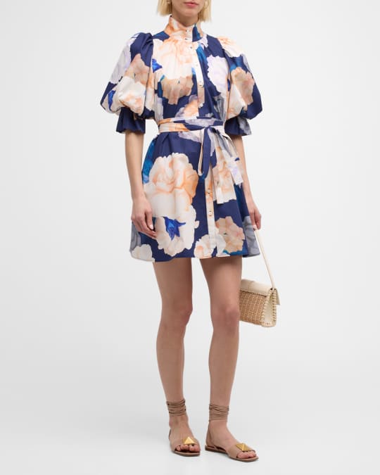 LEO LIN Eli Belted Puff-Sleeve Floral-Print Mini Dress | Neiman Marcus