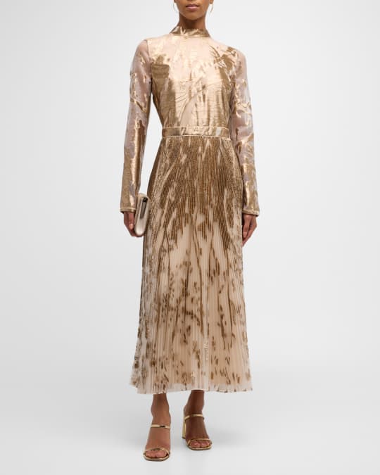 SIMKHAI Cassini Mock-Neck Pleated Metallic Maxi Dress | Neiman Marcus