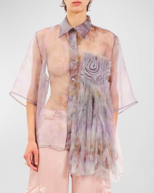 Collina Strada Veronika Sheer Short-Sleeve Button-Front Top