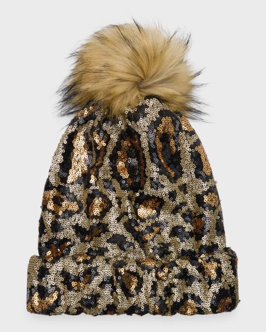 Adrienne Landau Leopard Sequin Beanie With Faux Fur Pom  display picture 3