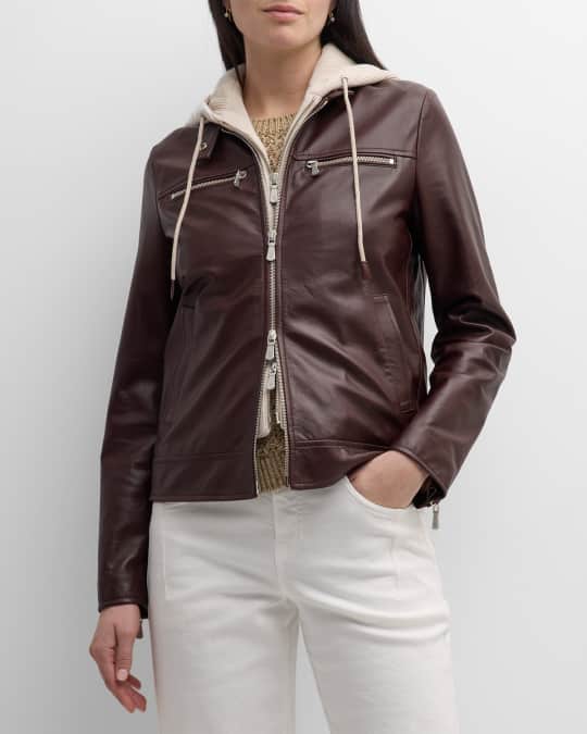 Hooded Zip Front Leather Biker Jacket