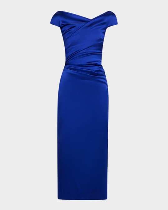 Talbot Runhof Cap-Sleeve Satin Duchesse Midi Dress | Neiman Marcus