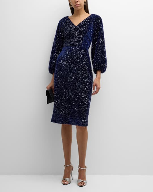 Elie Tahari The Robin V-Neck Sequin Velvet Midi Dress | Neiman Marcus