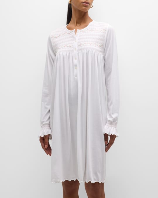 P Jamas Francisca Embroidered Smocked Cotton Nightgown Neiman Marcus