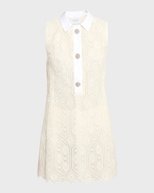 Crystal-Button Sleeveless Crochet Mini Shirtdress