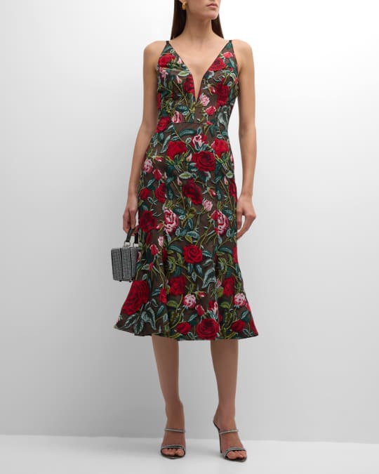 Isabelle Deep V Neck Embroidered Midi Dress