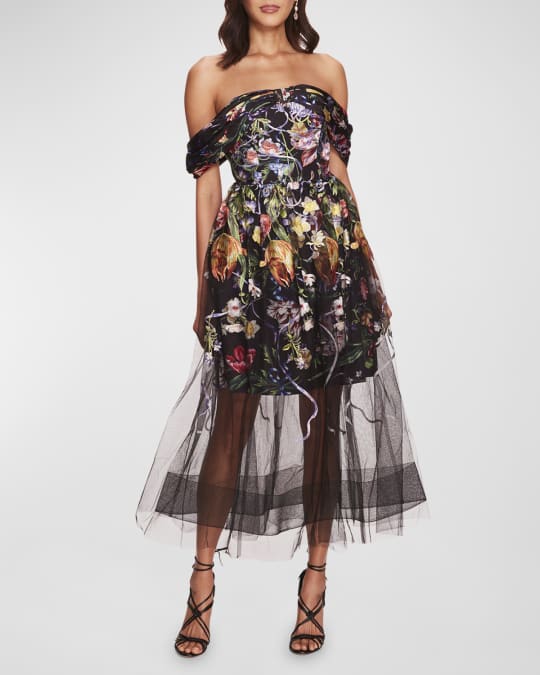 Marchesa notte floral shop embroidered flared dress