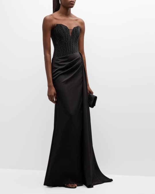 Strapless Draped Rhinestone Corset Gown