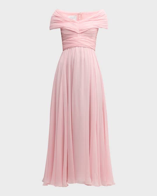 直営店に限定 Giambattista Georgette Silk Off-The-Shoulder Pleated Valli ロングワンピース+マキシワンピース
