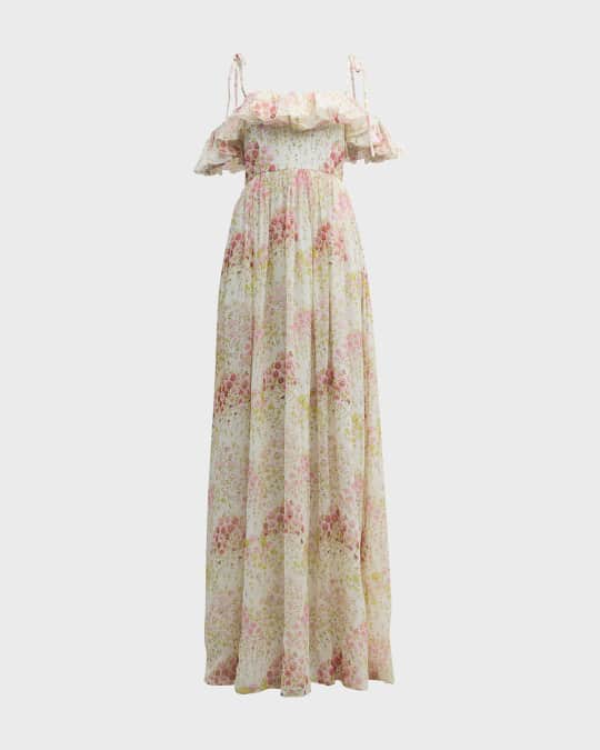 Giambattista Valli Floral-Print Ruffle Off-The-Shoulder Silk
