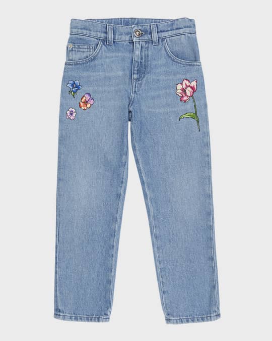 Versace Girl's Floral Embroidered Denim Jeans, Size 8-14